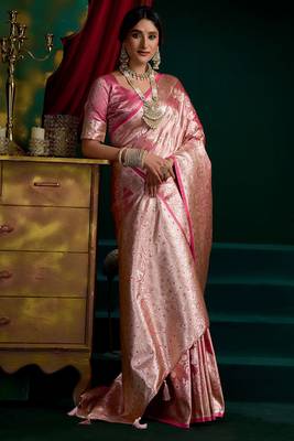Pink satin silk jacquard woven with fancy saree with blouse 3
