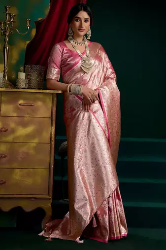 Pink satin silk jacquard woven with fancy saree with blouse