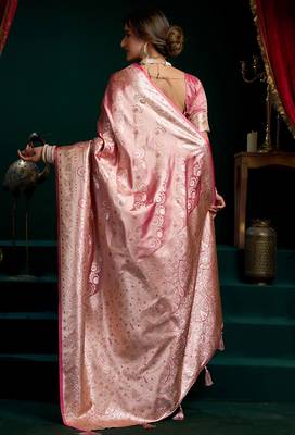 Pink satin silk jacquard woven with fancy saree with blouse 4