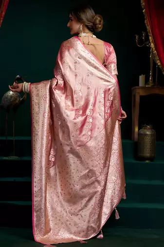 Pink satin silk jacquard woven with fancy saree with blouse