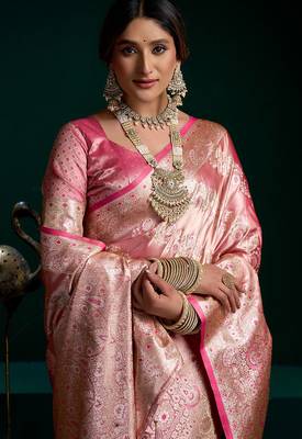 Pink satin silk jacquard woven with fancy saree with blouse 5