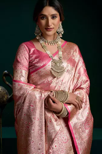 Pink satin silk jacquard woven with fancy saree with blouse