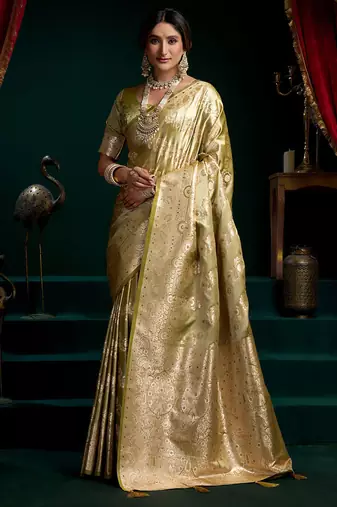 Olive satin silk jacquard woven with fancy saree with blouse