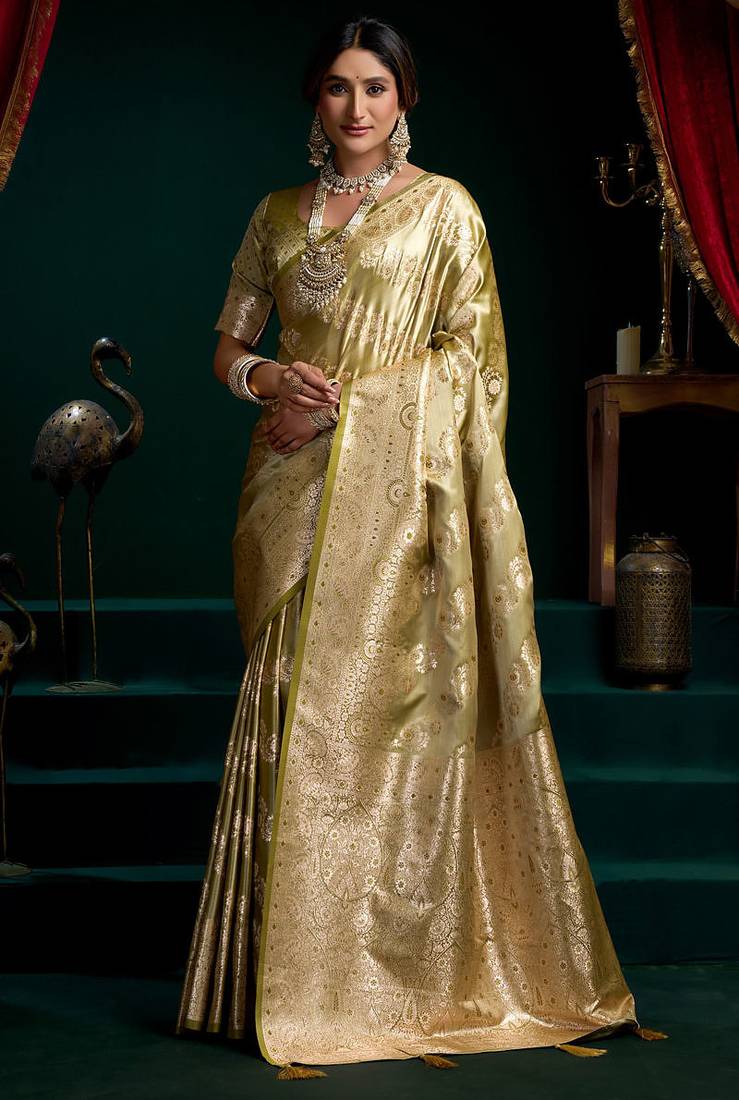 Olive satin silk jacquard woven with fancy saree with blouse