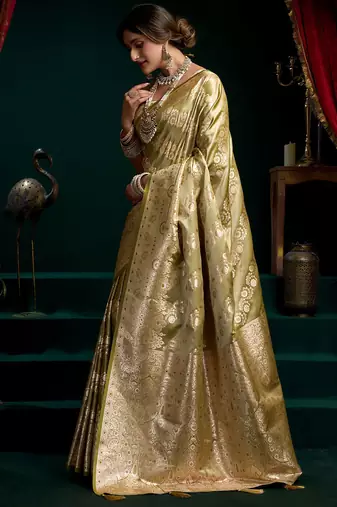 Olive satin silk jacquard woven with fancy saree with blouse