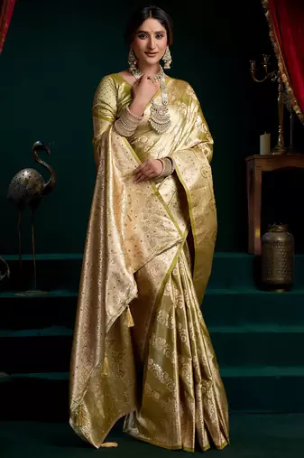 Olive satin silk jacquard woven with fancy saree with blouse