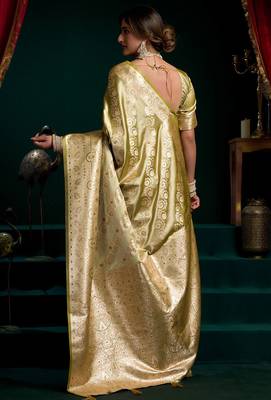 Olive satin silk jacquard woven with fancy saree with blouse 4