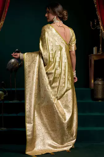 Olive satin silk jacquard woven with fancy saree with blouse