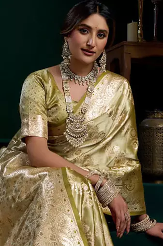Olive satin silk jacquard woven with fancy saree with blouse