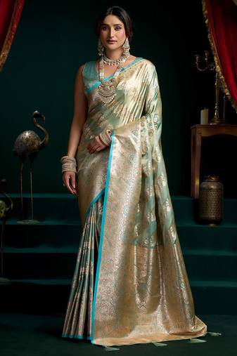 Aqua blue satin silk jacquard woven with fancy saree with blouse