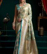 Aqua blue satin silk jacquard woven with fancy saree with blouse