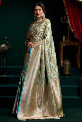 Aqua blue satin silk jacquard woven with fancy saree with blouse 2
