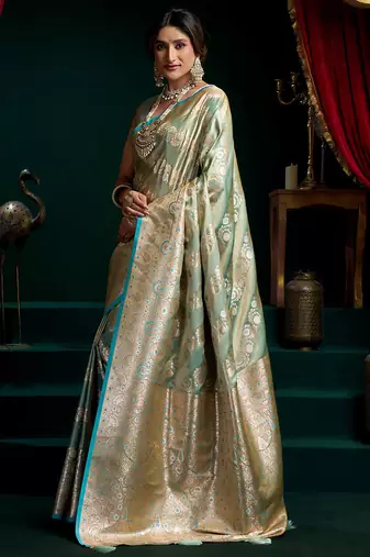 Aqua blue satin silk jacquard woven with fancy saree with blouse