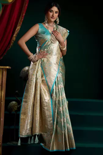 Aqua blue satin silk jacquard woven with fancy saree with blouse