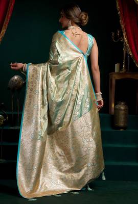 Aqua blue satin silk jacquard woven with fancy saree with blouse 4