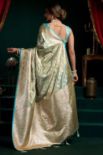 Aqua blue satin silk jacquard woven with fancy saree with blouse