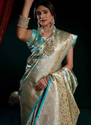Aqua blue satin silk jacquard woven with fancy saree with blouse 5
