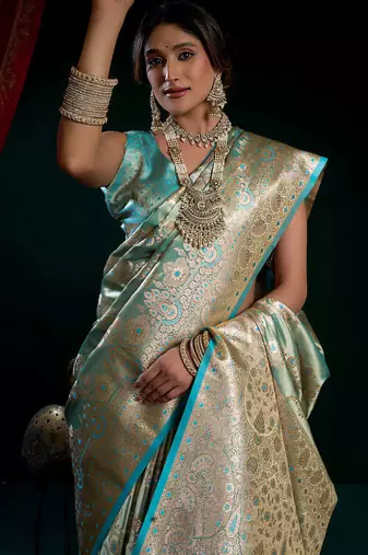 Aqua blue satin silk jacquard woven with fancy saree with blouse
