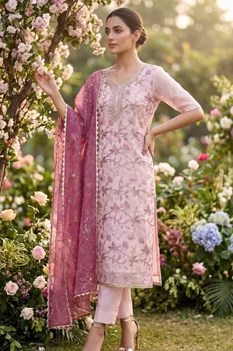 rani pink organza handwork salwar suit with organza dupatta
