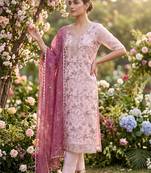 rani pink organza handwork salwar suit with organza dupatta