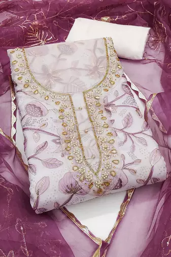 rani pink organza handwork salwar suit with organza dupatta