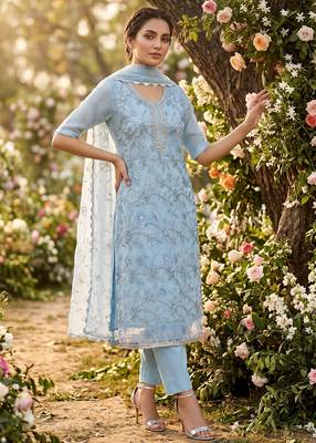 sky blue organza handwork salwar suit with organza dupatta 1