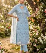 sky blue organza handwork salwar suit with organza dupatta