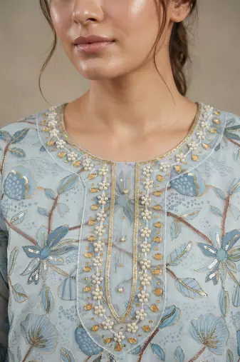 sky blue organza handwork salwar suit with organza dupatta