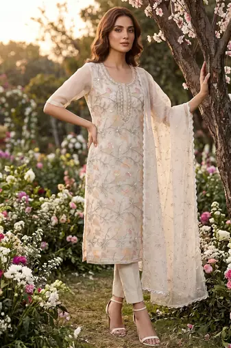 cream organza handwork salwar suit with organza dupatta
