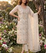 cream organza handwork salwar suit with organza dupatta