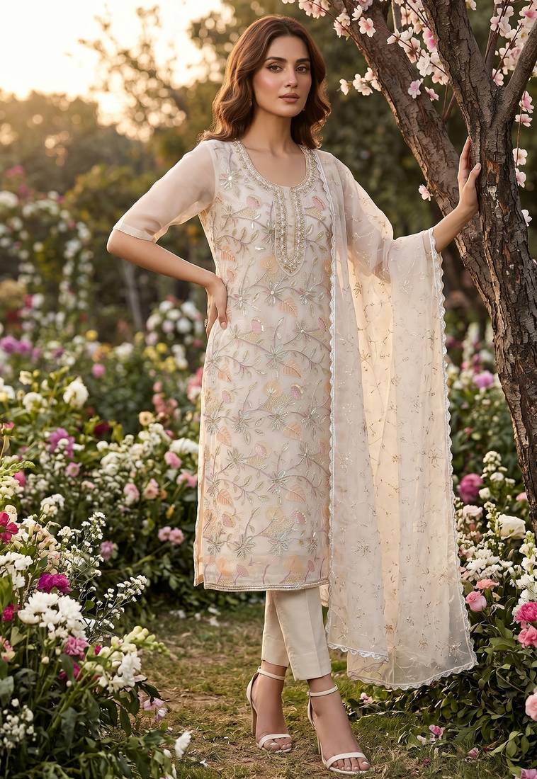 cream organza handwork salwar suit with organza dupatta