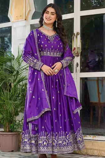 Purple  readymade kurti pant & dupatta set with embroidered work