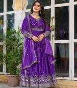 Purple  readymade kurti pant & dupatta set with embroidered work