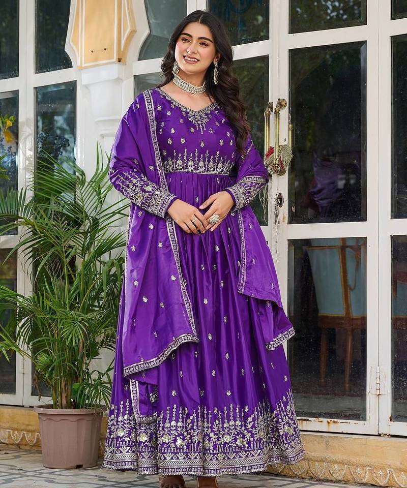 Purple  readymade kurti pant & dupatta set with embroidered work