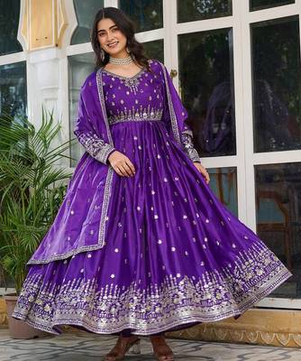 Purple  readymade kurti pant & dupatta set with embroidered work 3