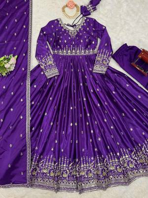 Purple  readymade kurti pant & dupatta set with embroidered work 4