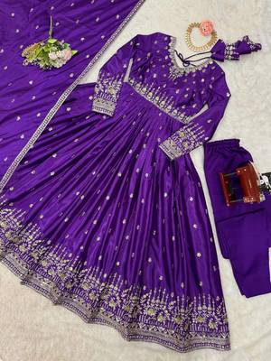 Purple  readymade kurti pant & dupatta set with embroidered work 5