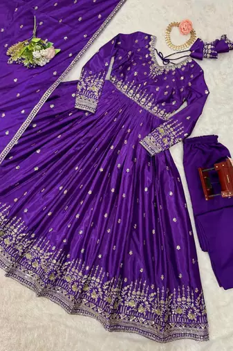 Purple  readymade kurti pant & dupatta set with embroidered work