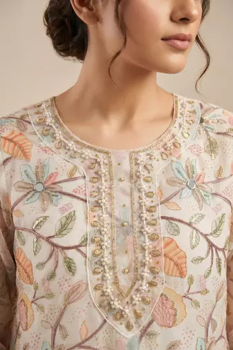 cream organza handwork salwar suit with organza dupatta