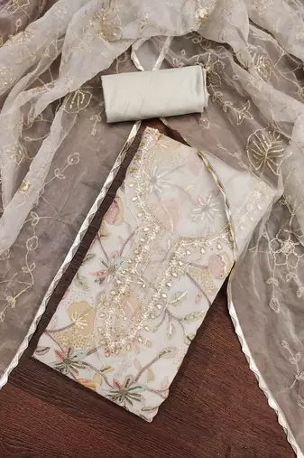 cream organza handwork salwar suit with organza dupatta