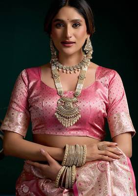 Pink satin silk jacquard woven with fancy saree with blouse 6