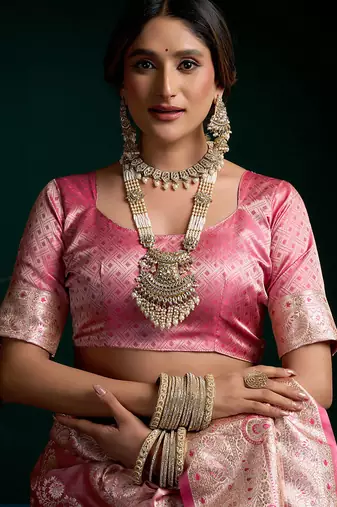 Pink satin silk jacquard woven with fancy saree with blouse