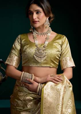 Olive satin silk jacquard woven with fancy saree with blouse 6