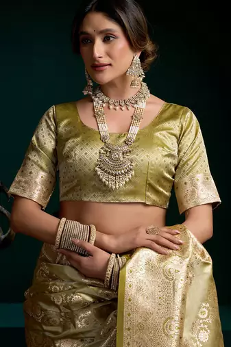 Olive satin silk jacquard woven with fancy saree with blouse