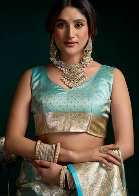 Aqua blue satin silk jacquard woven with fancy saree with blouse 6