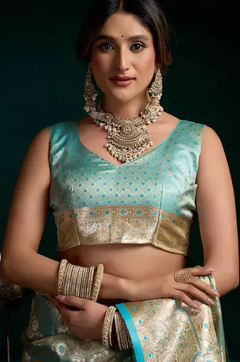 Aqua blue satin silk jacquard woven with fancy saree with blouse