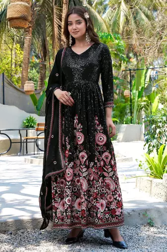 Black faux georgette stitched gown with dupatta full sleeve embroidered a-line gown