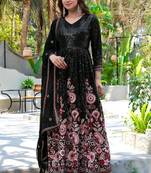 Black faux georgette stitched gown with dupatta full sleeve embroidered a-line gown