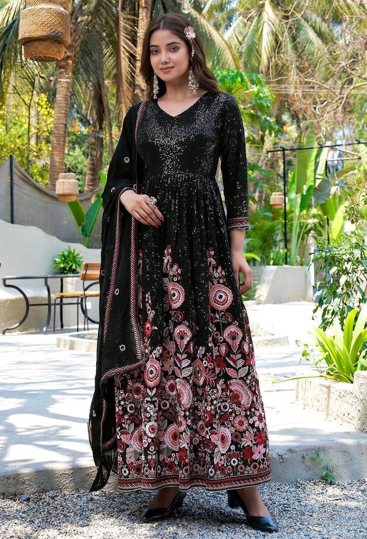 Black faux georgette stitched gown with dupatta full sleeve embroidered a-line gown