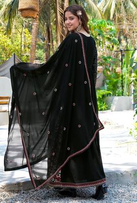 Black faux georgette stitched gown with dupatta full sleeve embroidered a-line gown 2